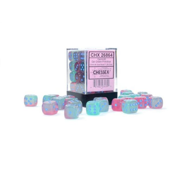 Chessex Dice Set – 12mm Gemini: Gel Green-Pink/Blue Luminary Dice Block – Dungeons and Dragons D&D DND TTRPG Dice – Includes 36 Dice – D6 (CHX26864)