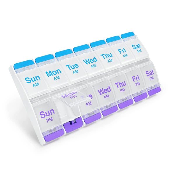 Push Button (7-Day) Pill Case, Medicine Planner, Vitamin Organizer, 2 Times