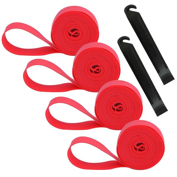 QitinDasen 4Pcs Premium PVC Fahrradreifen Felgenband, 24" Mountainbike Reifen Liner, Pannenschutz Felgenband mit 2Pcs Fahrrad Reifenheber (Rot)