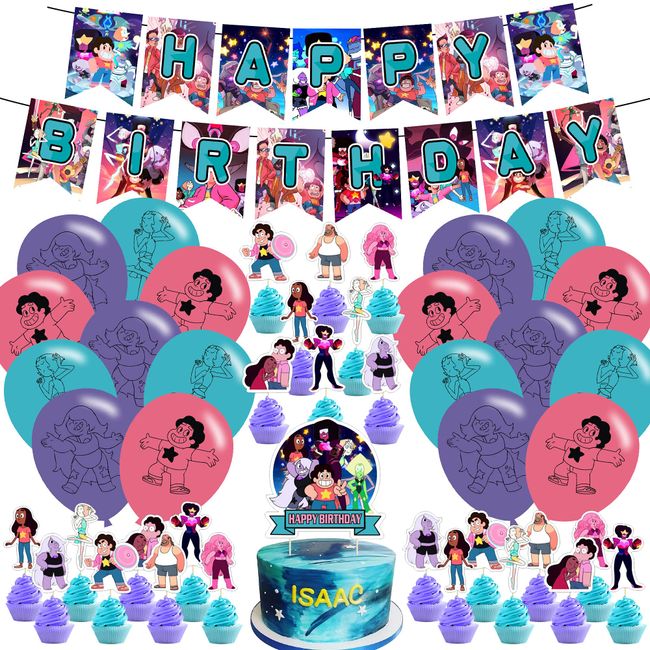 Steven Universe Party Supplies,Bundle of 45 Steven Universe Theme Decorations Set includes Happy Birthday Banner,Cake Cupcake Toppers,Birthday Balloons for Kids Birthday Party Favors