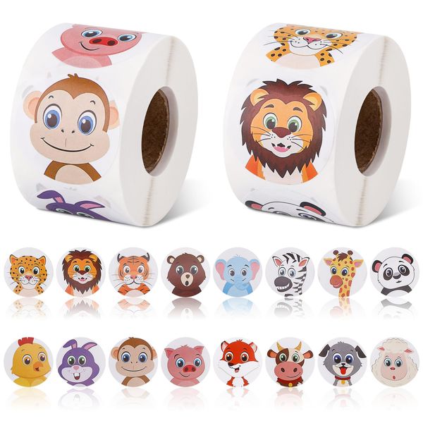 1000pcs 1.5in Cute Land Animal Stickers, 16 Designs Round Animal Sticker Roll Cartoon Sticker Decal Teacher Reward Sticker for Kids Children School Envelope Card Decoration