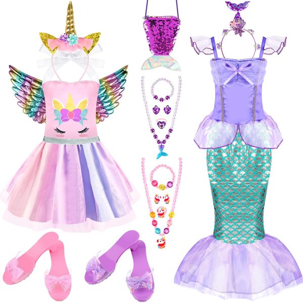 Toddlers Princess Dress Up Clothes for Little Girls 3 4 5 6, Unicorn & Mermaid Kids Dress Up Princess Costume with Wing, Shoes, Play Jewelry, Kids Pretend Play Princess Toys Gifts for Girls Toddlers