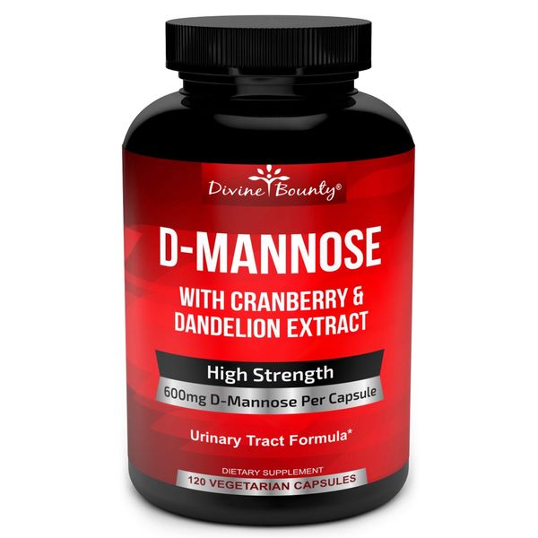 Divine Bounty D-Mannose Capsules - 600mg D Mannose Powder per Capsule with Cranberry and Dandelion Extract to Support Normal Urinary Tract Health - 120 Veggie Capsules