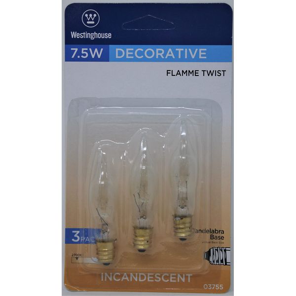 7.5 watt 120 volt CA5 Candelabra E12 Base Clear Decor Incandescent Westinghouse Light Bulb 3 Pack