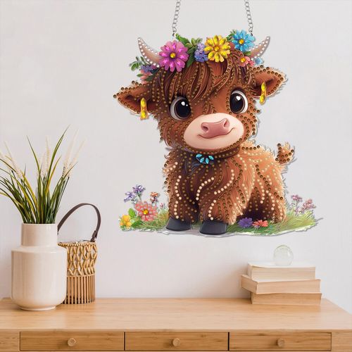 Diymood DIY Hanging Diamond Art Kits for Adults Cattle, Diamond Painting Kit Pendant Special Shaped Double Sided Acrylic Sun Catcher Board Wreath Pendants Canvas Window Wall Decor 8 x 8 Inch