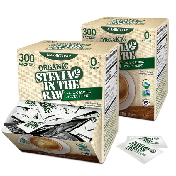 Organic Stevia In The Raw, Plant Based Zero Calorie Natural Sweetener, No Added Flavors or erythritol, Sugar Substitute, Sweetener for Coffee, Hot & Cold Drinks, Non-GMO, Vegan, Gluten-Free, 300 Count Packets (Pack of 2)