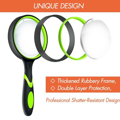 Leffis 2 Pack 10X Magnifying Glass for Seniors & Kids, Non-Slip Handheld Magnifier for Reading, 75mm Magnify Glasses Lens for Close Work, Science and Hobby Observation（Green and Orange