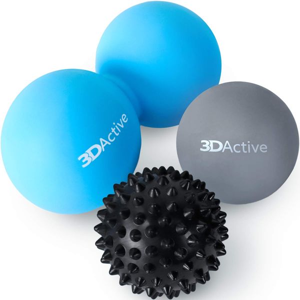 3DActive Massage Ball Set for Deep Tissue Massage, Trigger Point Therapy, Plantar Fasciitis, Myofascial Release, Mobility and Muscle Recovery. Set of 3 Massage Balls with Carry Bag (Black, Grey, Blue)