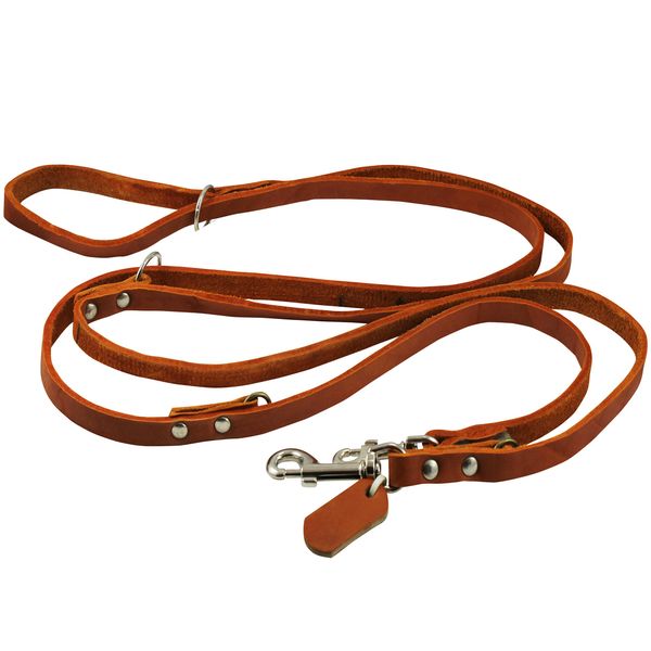 Multifunctional Leather Dog Leash, Adjustable Schutzhund 6 Way European Lead Tan 49"-94" Long, 1/2" Wide (12 mm) for Medium Dogs