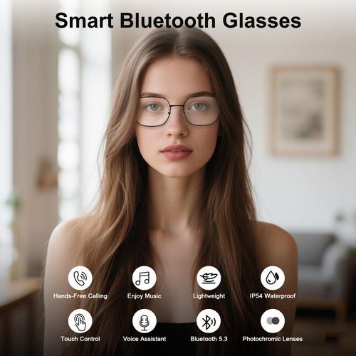 HAIXINDA Smart Glasses for Women Men, Anti-Blue Light & Photochromic Lens, Intelligent Touch, Open Ear Mic & Speakers, Hands Free Calling, Voice Assistant, Bluetooth Glasses for Indoor Outdoor