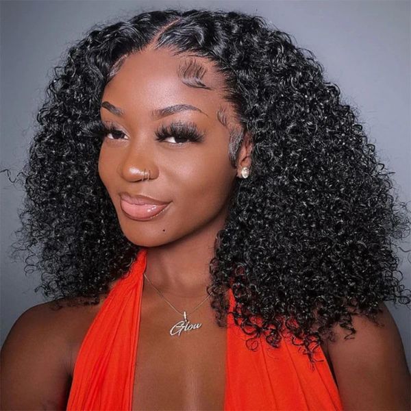 Curly Lace Front Wigs Human Hair 13x6 Kinky Curly HD Transparent Lace Frontal Wig for Women Short Curly Human Hair Wigs Pre Plucked With Baby Hair 220% Density Glueless Hair Curly Wigs (16 Inch)