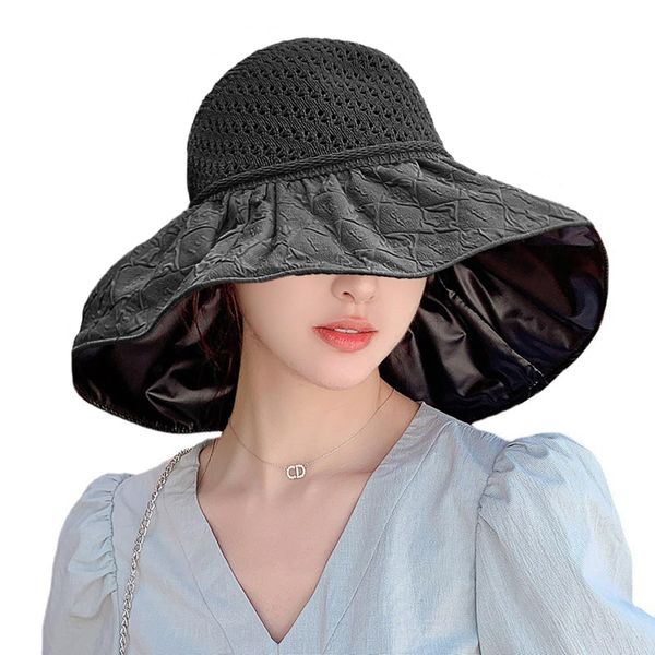 KXF Women Beach Sunhat Wide Brim Super Sunproof Sun Cap with Black Rubber Inner for Sun UV Protection Foldable Summer Women Sun Hat Sun Visor with Chip Rope Packable Adjutable Sun Hat