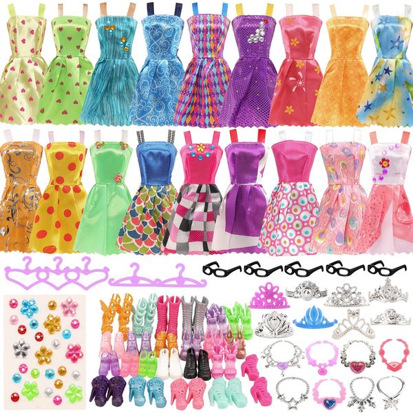 BARWA 43 pcs Doll Clothes and Accessories 10 pcs Party Dresses with 32 pcs Shoes, Crown, Necklace, Hangers, 1 DIY Sticker Accessories for 11.5 inch Doll