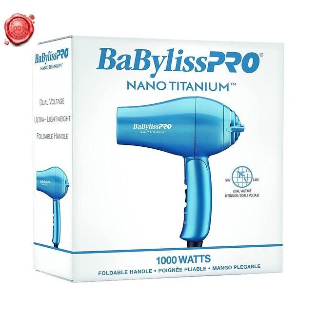 BaBylissPro Nano Titanium Travel Dryer Light & Foldable 1000 Watt Hair Dryer NEW