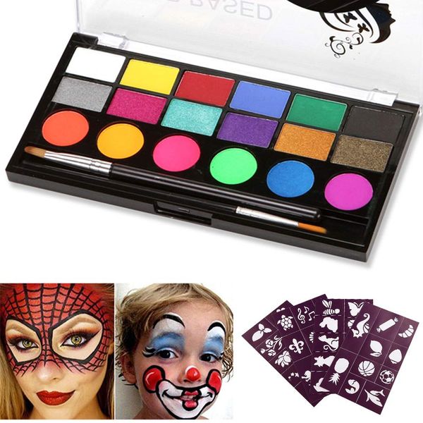 Vegena Body Painting Kit di Pittura per il Viso, 18 Colori Trucco Viso Bambini Tavolozza Professionale con 2 Pennello 40 Stencil per Bambini Trucchi Carnevale Viso, Pasqua, Cosplay, Feste a Tema