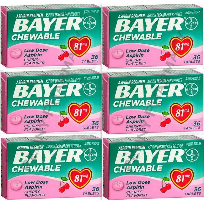 Bayer Chewable 'Baby' Aspirin 81mg Low Dose CHERRY 36 Tablets ( 6 pack ) ^