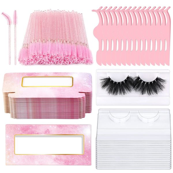 175 Pieces Lash Packaging Wholesale, Include 30 Empty Eyelashes Packaging Box, 30 False Lash Trays, 15 Eyelash Tweezers and 100 Eyelash Brush Mascara Wands Disposable (Pink)