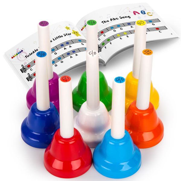 AMOR PRESENT Hand Bells for Kids, 8 Notes Diatonic Colorful Handbells Set Musical Bells with Songbook for Kids Toddlers Holiday Birthday Gift Preschool Teaching