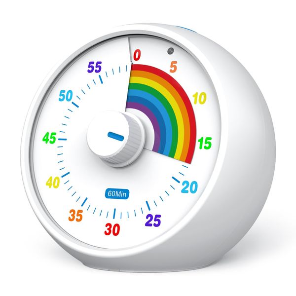 Visual Timer for Kids, 60-Minute Countdown for Classroom Office Kitchen, Desk Timer Kids Time Management Tools with Silent Operation, Pomodoro Time Rainbow Pattern (White)