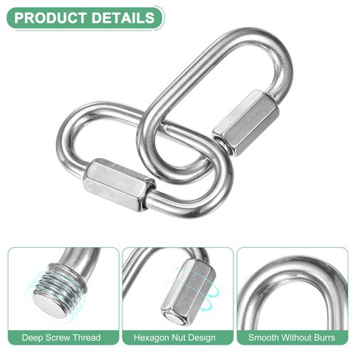 M METERXITY 6-Pack Quick Chain Link Connector, M6 1/4" 316 Stainless Steel D-Shape Locking Repair Chain Links for Swing/Camping/Hiking/Backpack, Twist Key Ring Screw Chain Link [Silver]