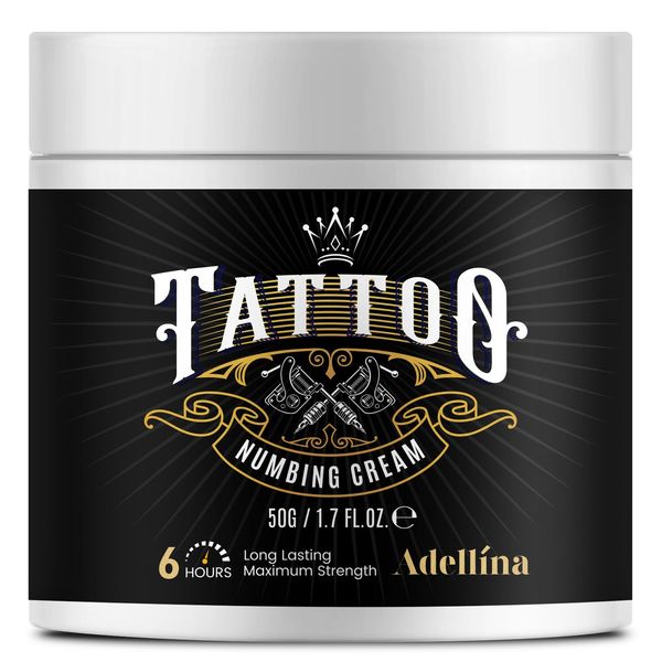 Adellina Tattoo Numbing Cream (50g/1.7oz), Painless Tattoo Numbing Cream Extra Strength, Numbing Cream for Tattoos, 6 Hours Maximum Strength, Tattoo Supplies