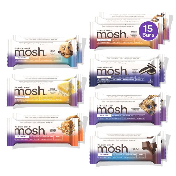 MOSH Variety Pack (15ct) Protein Bars, Keto Snack, 12g Whey Protein, Gluten-Free, No Added Sugar, Lion's Mane, Supports Brain Health, Workout Recovery