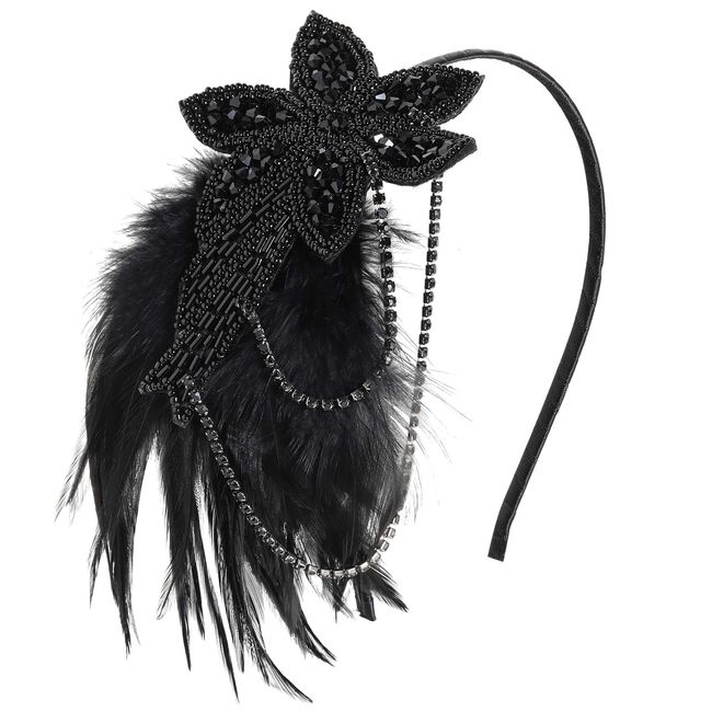 BABEYOND Vintage 1920s Headband 1920s Headpiece Feather Beaded Headband Crystal Flapper Headpiece Great Gatsby Costume Accessories Roaring 20's Accessories (Black)