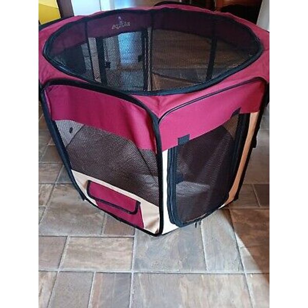 Zampa Small Pet playpen folding with carrying bag burgandy/tan