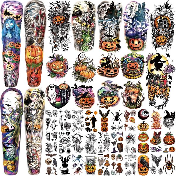 SOOVSY 42 Blätter Halloween Temporäre Tattoo für Kinder, Schreckliche Halloween Tattoo Aufkleber für Halloween Party, Kürbis Narben blutiges Gesicht Geist Hexe Schädel Fledermäuse Tattoo Aufkleber