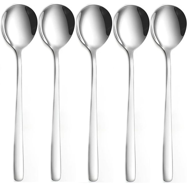 YFWOOD Spoons Set of 5, 8.7 inches (22 cm), Korean Spoon, 18-8 Stainless Steel, Dishwasher Safe, Spoon Soup, Curry, Salad, Lunch Spoon, Silver, Fried Rice