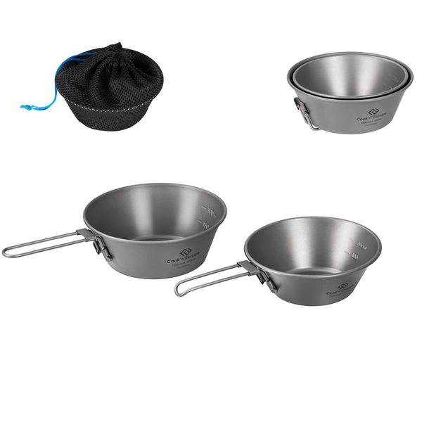 COOK'N'ESCAPE Titanium Shera Cup, Titanium Cup, 10.1 fl oz (300 + 450 ml), Foldable, Graduated, Tableware Set, Lightweight, Compatible with Direct Fires, Storage Bag Included, Outdoor Activities,