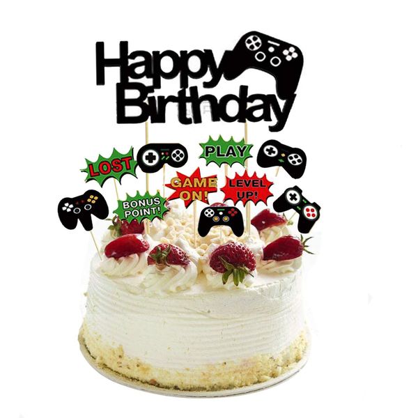 11 Pcs Video Game Happy Birthday Cake Toppers Cupcake Decorations Set Game Controllers Cake Decorations Picks for Man Or Kids Game Themed Birthday Party Supplies