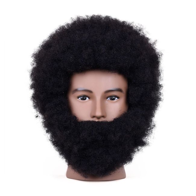 HAIRWAY Afro African Male Mannequin Head Kinky Curly 4C 100% Human Hair 8 Inch Manikin Training Doll Head with Beard for Practicing Hairdresser Styling Cosmetology Hair Cut with Stand Table Clamp