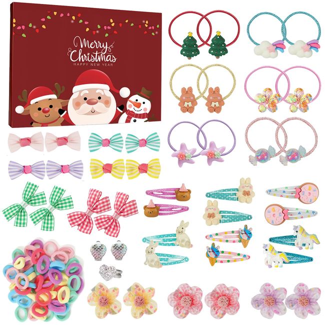 Adventskalender 2023 Kinder Mädchen, Venares Weihnachtskalender Kinder Einschließlich Elastische Haargummis Haarspangen für Baby Mädchen, Adventskalender Mädchen Haarschmuck für Baby Kinder