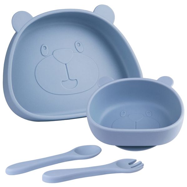 Qshare Suction Baby Plate and Bowl Set with Fork Spoon,Non Slip Toddler Divided Placemat,BPA Free Silicone Feeding Set for Babies Toddlers Kids