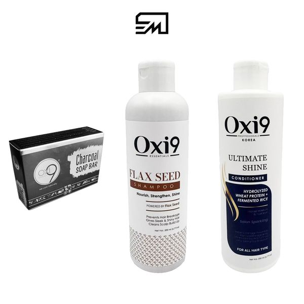 OXI9 ESSENTIALS Shampoo, Conditioner, Activated Charcoal Soap Bar 3 PACK