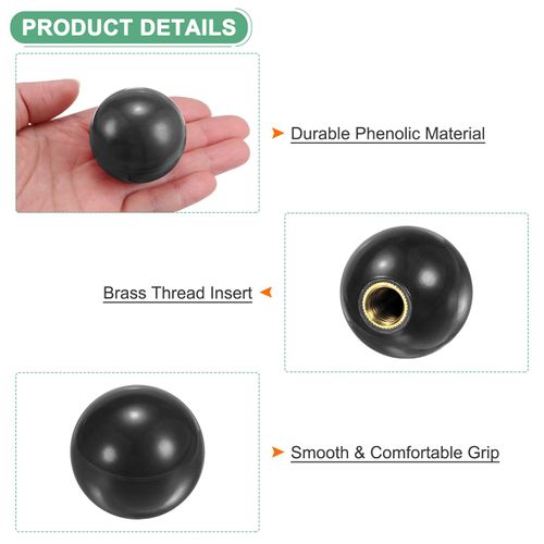 M METERXITY 6-Pack Threaded Ball Knobs, M12 Female Thread 40mm Dia. Thermoset Ball Knob for Lathe/Machine/Lawn Mowers, Round Phenolic Brass Insert Lever Handle [Black]