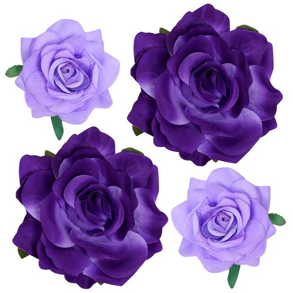 Topbuti Rose Hair Clip Flower Hairpin Rose Brooch Floral Clips, 4 Pcs Fabric Rose Flowers Hair Clips Mexican Hair Flowers Pin up Headpieces for Woman Girl Wedding Party Mother's Day (2 Sizes) (Purple)