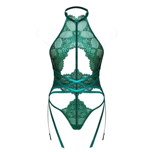 LOVE YOU SEXY Women Lace Bodysuit with Garter Belts, Halter Neck Backless Teddy, One Piece Bodysuit Lingerie, Emerald Green, Medium