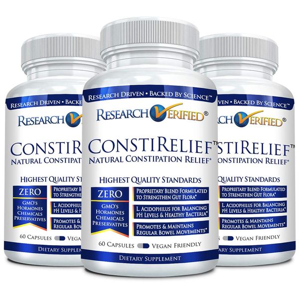 Research Verified ConstiRelief - The best Supplement for Constipation Relief on the market - with L. Acidophilus for long term health and prevention. 100% back guarantee! (Pack of 3)