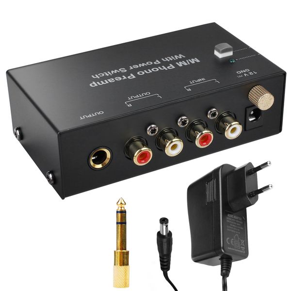 Phono Vorverstärker Plattenspieler - Phono Preamp für Plattenspieler mit MM-Abtast-Systemen, RCA Input & Output, Verstärker Stereo mit Pegel, Schwarz