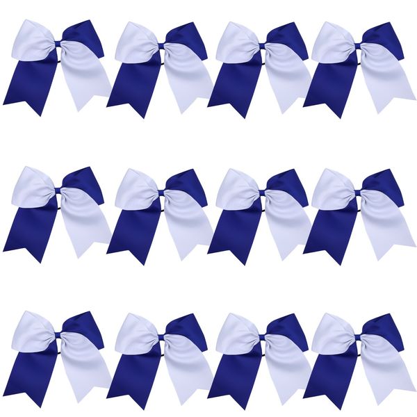 8 Inch 2 Colors Jumbo Cheerleader Bows Ponytail Holder Cheerleading Bows Hair 12 Pcs (Royal blue/White)