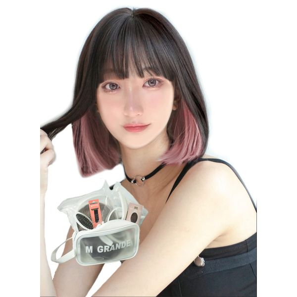 M Grande DY01C Premium Line Wig, (Created by Top Stylist), 6-Piece Set, Inner Color Line, Women's Wig, Bob, Long, Face Shrinking, (Inner Pink, Bob)