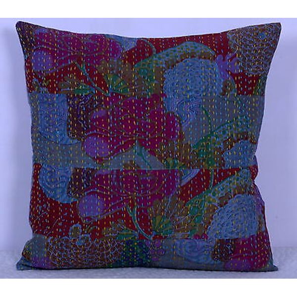 Indian Cushion Cover Patchwork Stitch Home Kantha Decor Pillow Case 16"x16" Boho