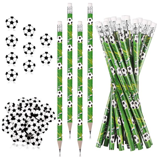 Miucat 36 Set Soccer Pencils and Soccer Erasers, Sport Pencils & Erasesrs, Fun Wooden Pencil, Birthday Pencils for Kids, Soccer Party Favors for School, Office, Class Reward