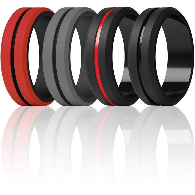 ThunderFit Silicone Wedding Rings for Men - 4 Rings (Black Red, Red Black, Black Grey, Black, 9.5 - 10 (19.8mm))