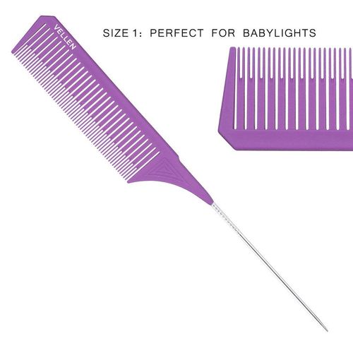 Vellen Weave Tail Comb - Professional Hairdressing Barber Hair Salon - Metal Pin Highlights Hairdresser Styling Tool - Set of 3 (Purple/Pink)