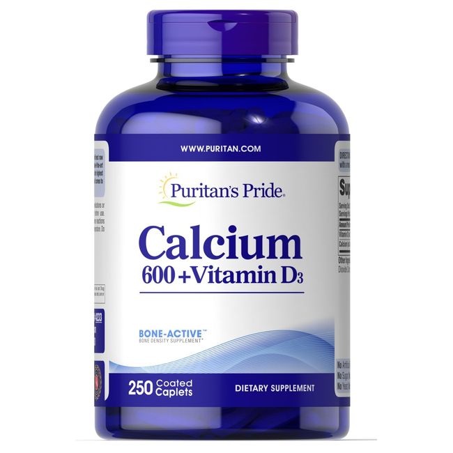 Puritan's Pride Calcium Carbonate 600 mg + Vitamin D 3.125 mcg (125 IU), Supports Bone Health, 250 Count (No Model)