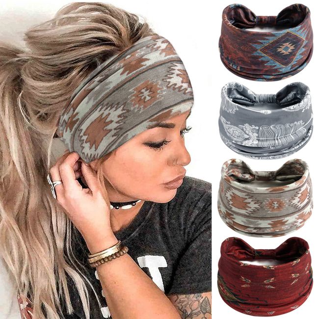 FULZTEY Boho Headbands for Women Vintage Elastic Fabric Printed Hair Bands Workout Wide Knot Sweatbands Soft Cotton Headwraps Yoga Running Hair Accessories for Women Girls 4Pcs