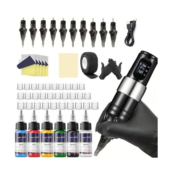 Tattoo Kit Tattoo Gun Kit with Wireless Tattoo Machine Pen Tattoo Supplies Tattoo Pen Kit with 6 Colors Tattoo Inks Set 30pcs Needles Cartridges